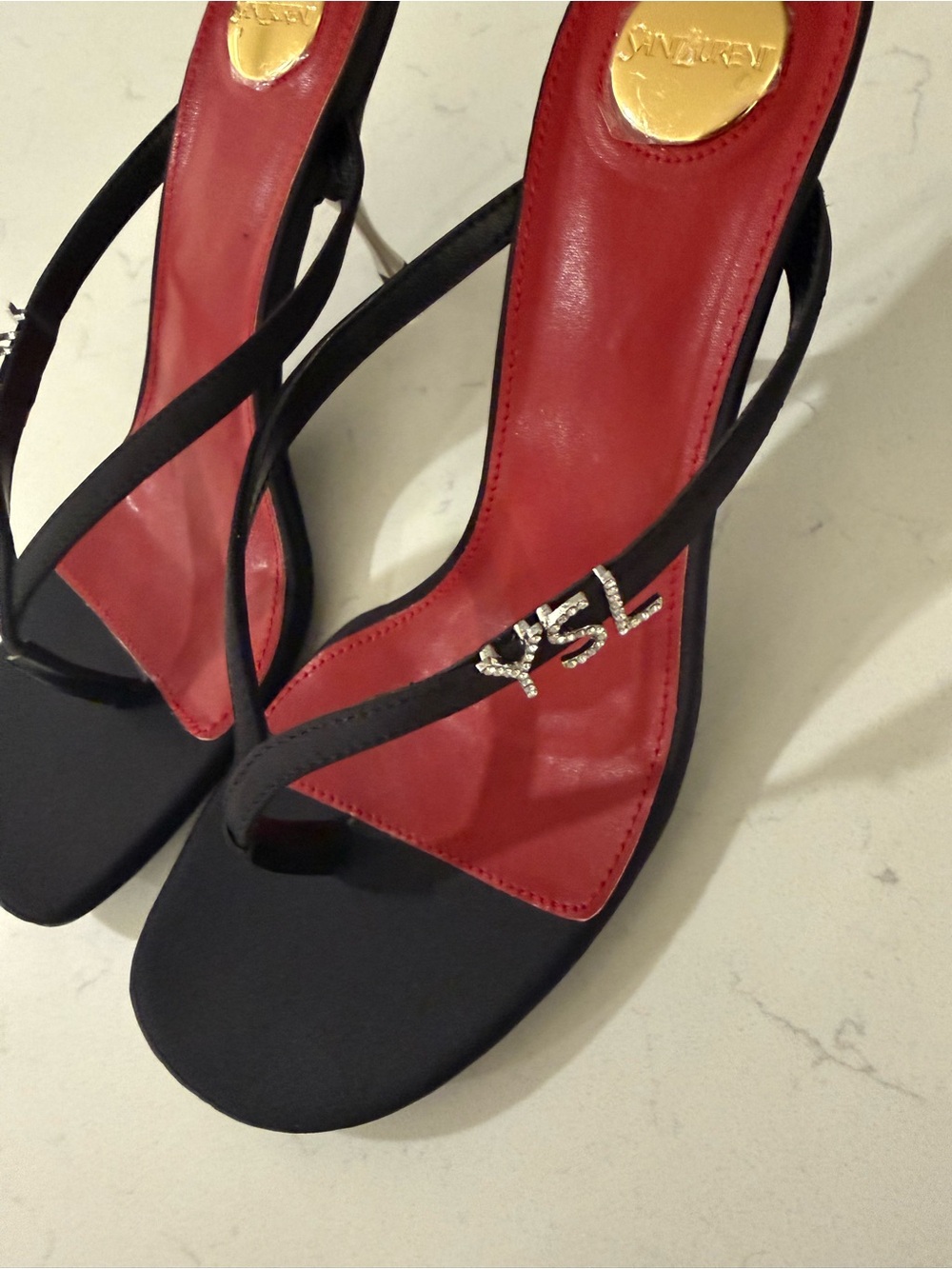 Saint Laurent Black Heeled Slingback Sandals with Red Footbed - Picture 6 of 8